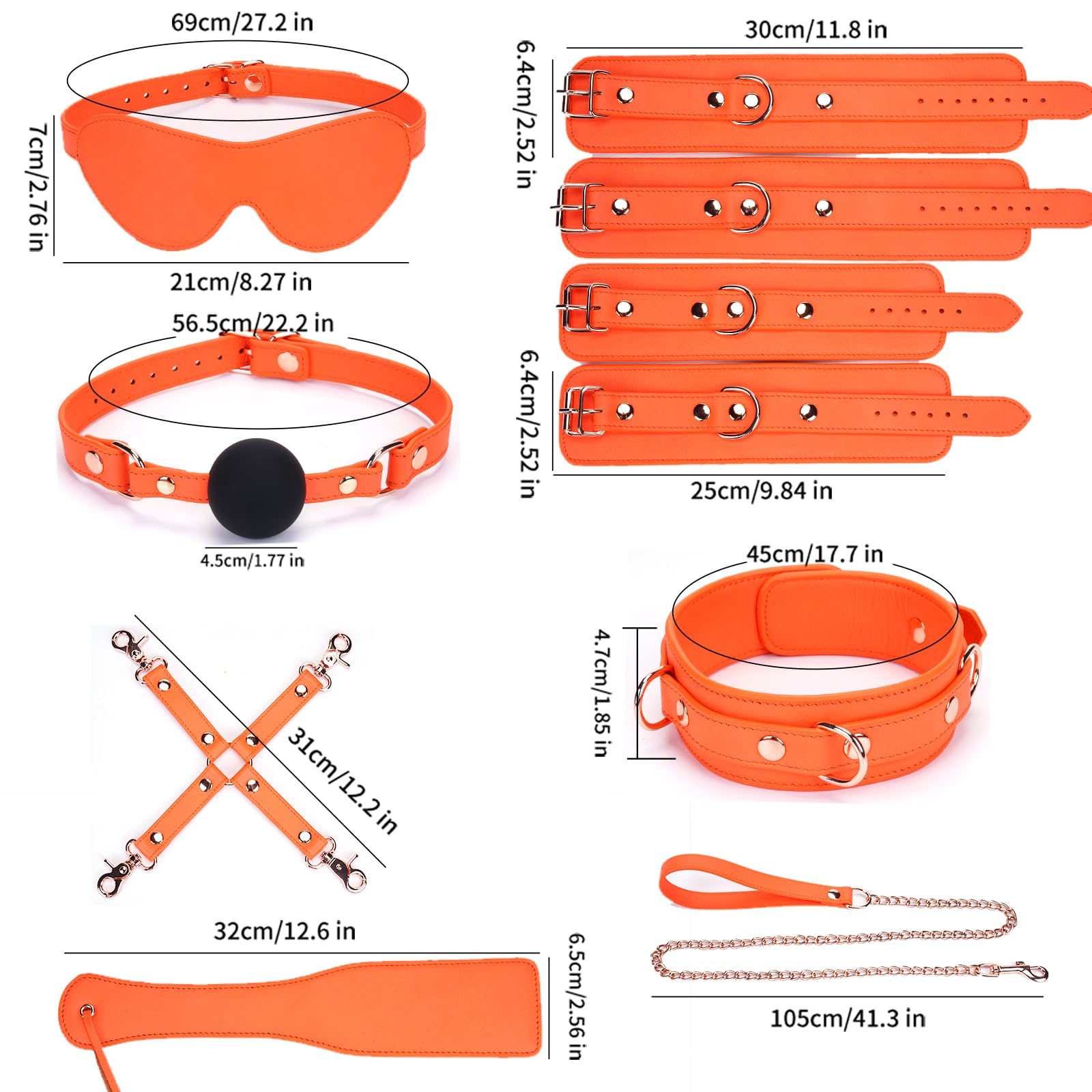 Tryolove 8-Piece BDSM Bondage Kit for Adults - Premium Orange Genuine Leather Restraints Set with Silicone Ball Gag, Blindfold, Flogger & Collar | Ultimate Couples Fantasy Accessories