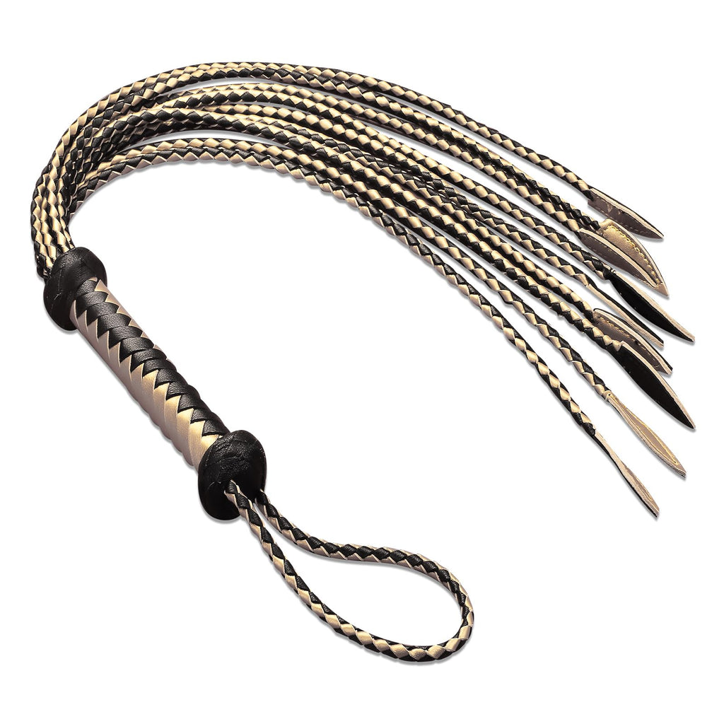Handwoven Black & Gold Genuine Leather Nine Tails Whip | 60cm Total Length with Willow-Leaf Tail | 15cm Hangable Premium Equestrian Horse Whip | Dual Use for Riding Crop Training