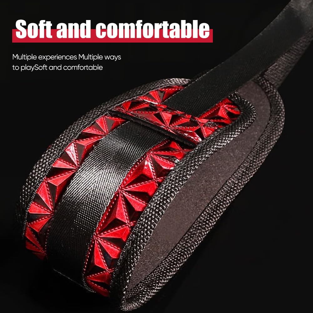Red Diamond-Textured Thigh & Wrist Restraint Set - Adjustable Multi-Position Bondage Cuffs