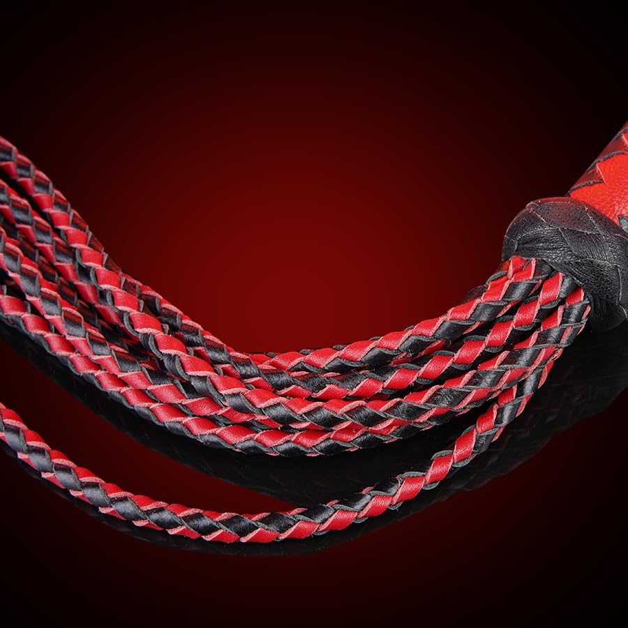 Professional Genuine Leather Big Red & Black Cat-O'-Nine-Tails Whip | 17cm Handle & 43cm Tail | Hangable Equestrian Training Whip | Handcrafted Premium Horse Equipment | Handcrafted BDSM Flogger | Cat-O-Nine-Tails Whip