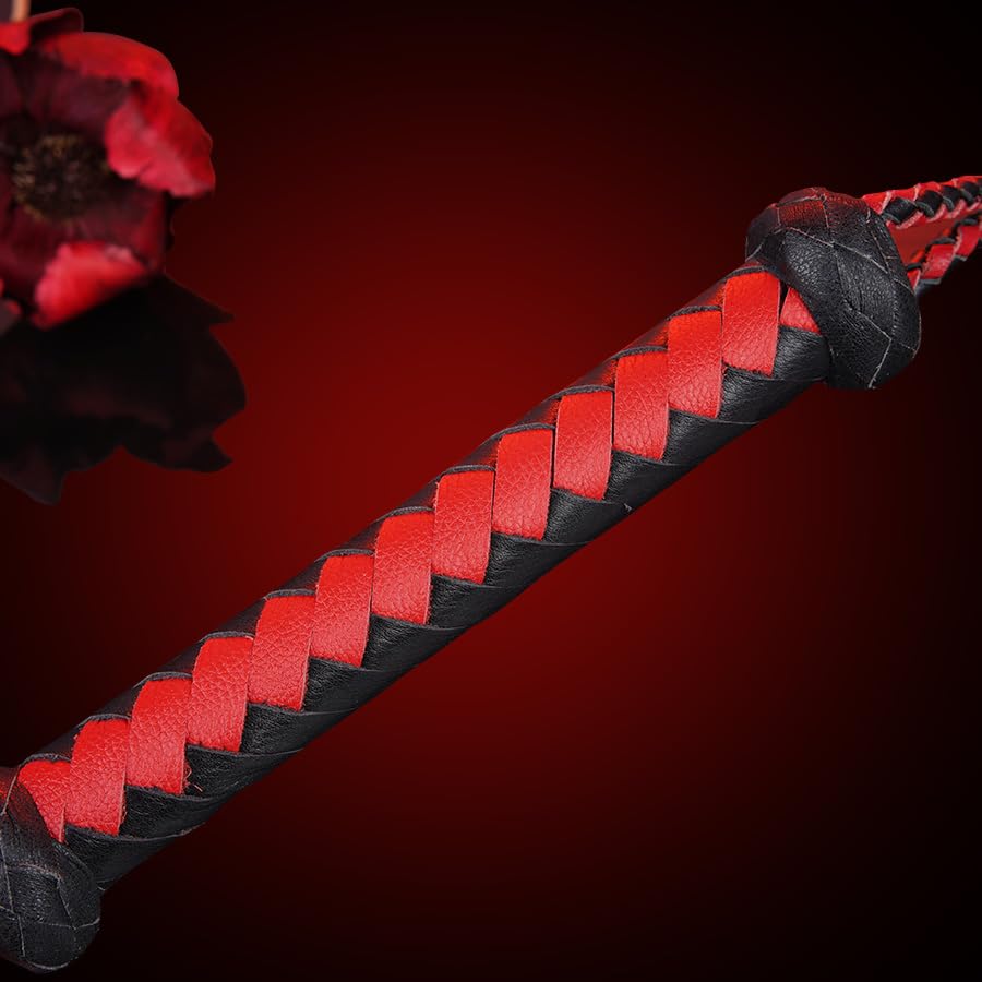 Genuine Leather Big Red & Black Cat-O'-Nine-Tails Whip | 17cm Handle & 43cm Tail | Hangable Equestrian Training Whip | Handcrafted Premium Horse Equipment