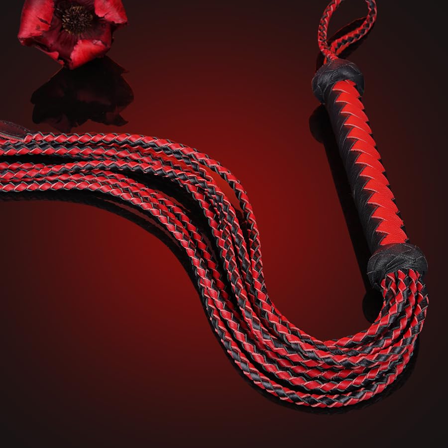 Professional Genuine Leather Big Red & Black Cat-O'-Nine-Tails Whip | 17cm Handle & 43cm Tail | Hangable Equestrian Training Whip | Handcrafted Premium Horse Equipment | Handcrafted BDSM Flogger | Cat-O-Nine-Tails Whip