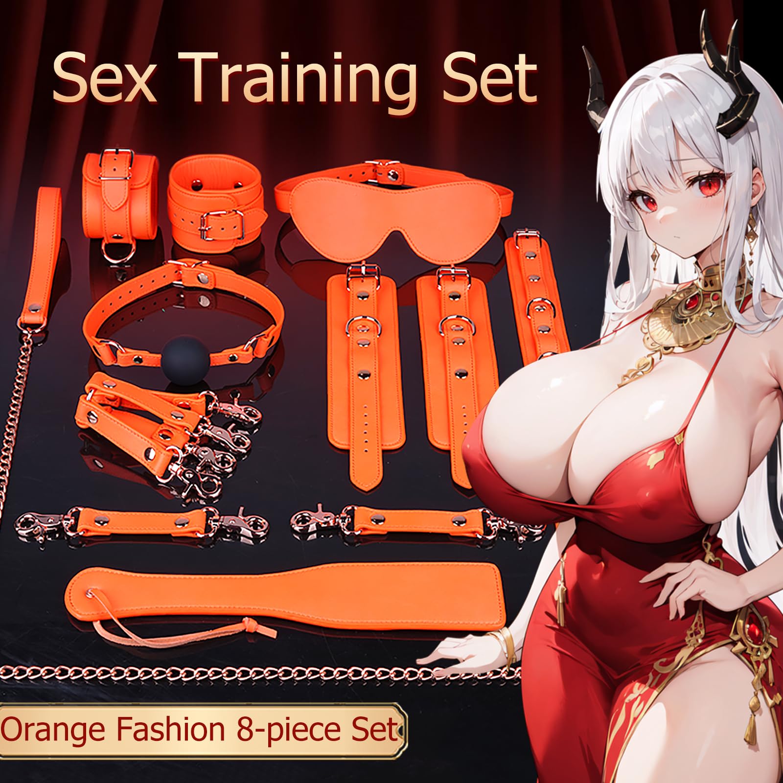 Tryolove 8-Piece BDSM Bondage Kit for Adults - Premium Orange Genuine Leather Restraints Set with Silicone Ball Gag, Blindfold, Flogger & Collar | Ultimate Couples Fantasy Accessories