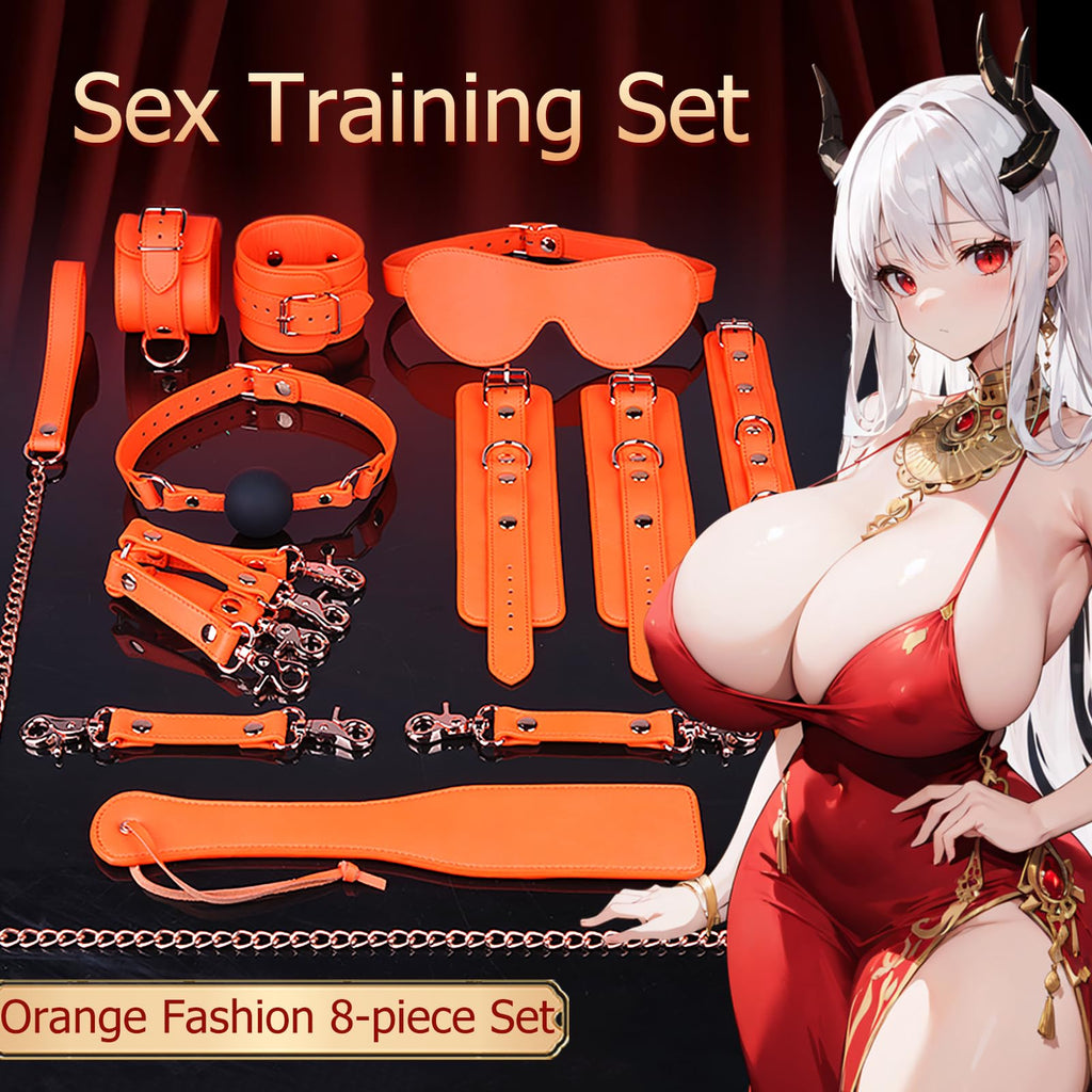 Tryolove 8-Piece BDSM Bondage Kit for Adults - Premium Orange Genuine Leather Restraints Set with Silicone Ball Gag, Blindfold, Flogger &amp; Collar | Ultimate Couples Fantasy Accessories
