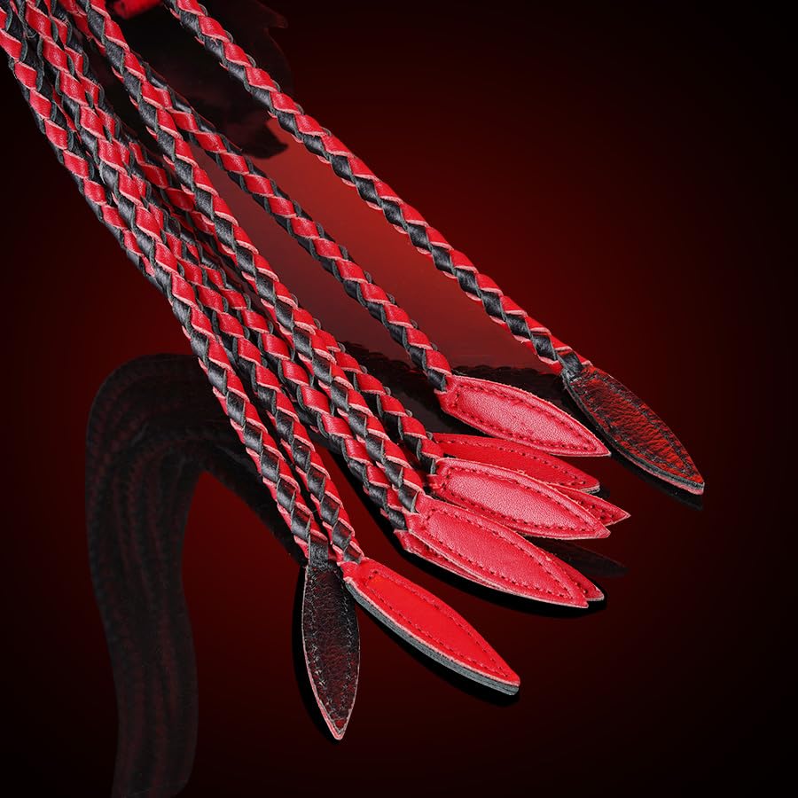 Professional Genuine Leather Big Red & Black Cat-O'-Nine-Tails Whip | 17cm Handle & 43cm Tail | Hangable Equestrian Training Whip | Handcrafted Premium Horse Equipment | Handcrafted BDSM Flogger | Cat-O-Nine-Tails Whip