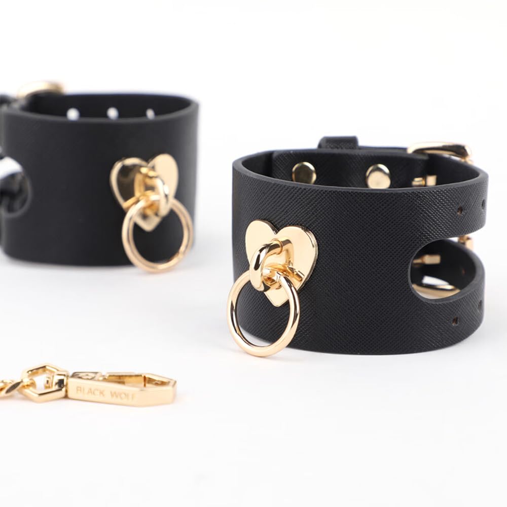 Heart-Cutout Handcuffs Set Bondage Handcuffs BDSM Sex Restraints Toys PU Leather Cuffs Sex Toys Adjustable Adult Fetish Erotic Slave SM Game Chain for Secure Bondage Play
