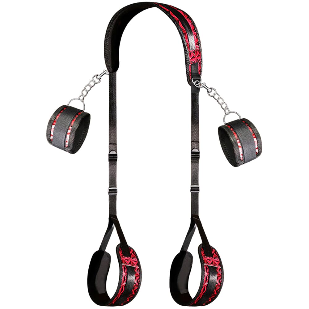 Red Diamond-Textured Thigh & Wrist Restraint Set - Adjustable Multi-Position Bondage Cuffs