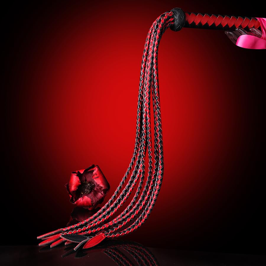 Professional Genuine Leather Big Red & Black Cat-O'-Nine-Tails Whip | 17cm Handle & 43cm Tail | Hangable Equestrian Training Whip | Handcrafted Premium Horse Equipment | Handcrafted BDSM Flogger | Cat-O-Nine-Tails Whip