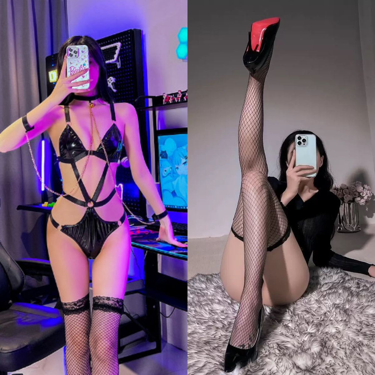 Sexy Lingerie Strappy Leather SM Outfit | Bondage Three-Point Bikini Sexy制服 Chain Nightclub Party Costume