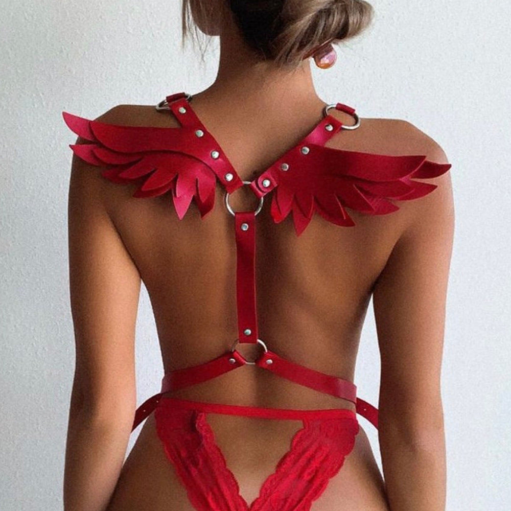 Exotic Leather Body Belt with Angel Wings | Bondage Back Strap Top Couples Training SM Restraint情趣